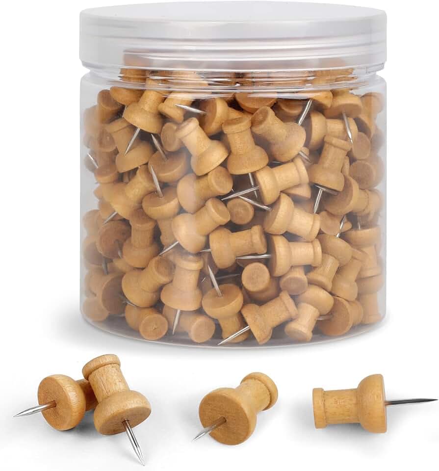 240 Pcs Wood Push Pins, Walnut, Standard, Wooden Thumb Tacks Decorative for Cork Boards Map Photos Calendar and Home Office Craft Projects with Box