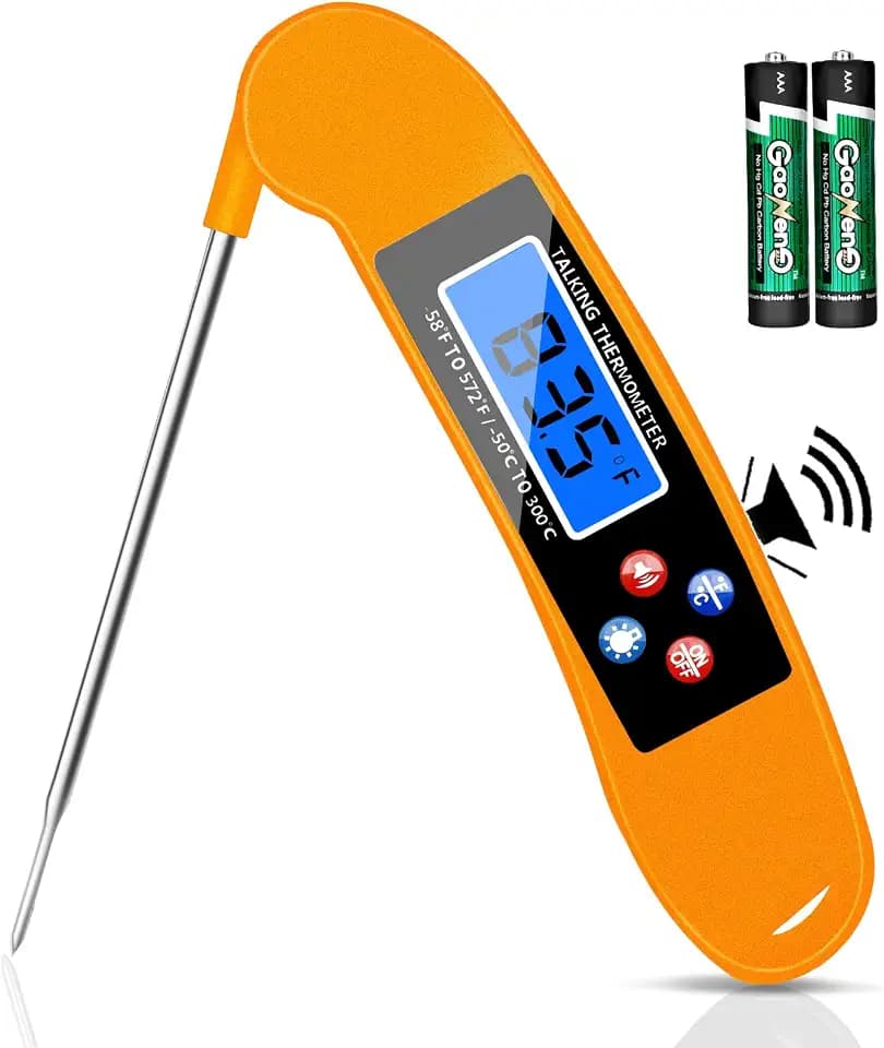 Digital Talking Thermometer for The Blind, Orange Waterproof Instant Read Food Thermometer with Talking Function and Backlight, Meat Thermometer with Probe for Cooking and Grilling, and More