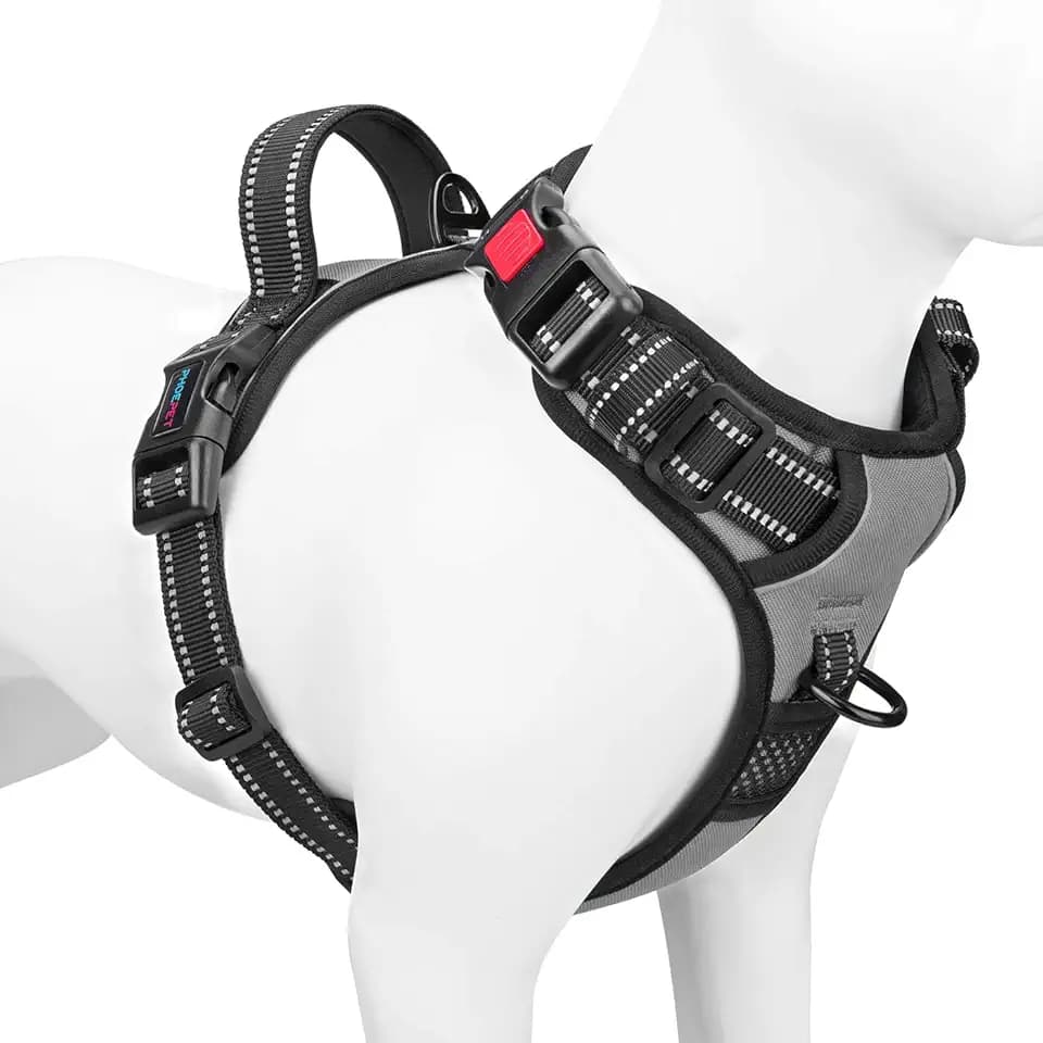PHOEPET Anti-Zieh-Hundegeschirr, reflektierend, verstellbar, mit Clip an der Vorderseite, Weste mit Griff, 2 Metallringe, 3 Schnallen, einfach an- und auszuziehen, Größe XS, Grau
