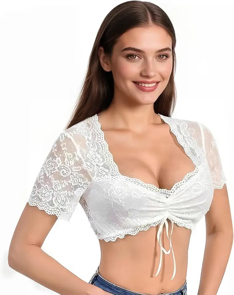 Dirndl Bluse Damen Weiß, Dirndlbluse Spitze V Ausschnitt/Rundausschnitt, Trachtenbluse Kurzarm, Bluse Damen Elegant für Bayrische Tracht Oktoberfest
