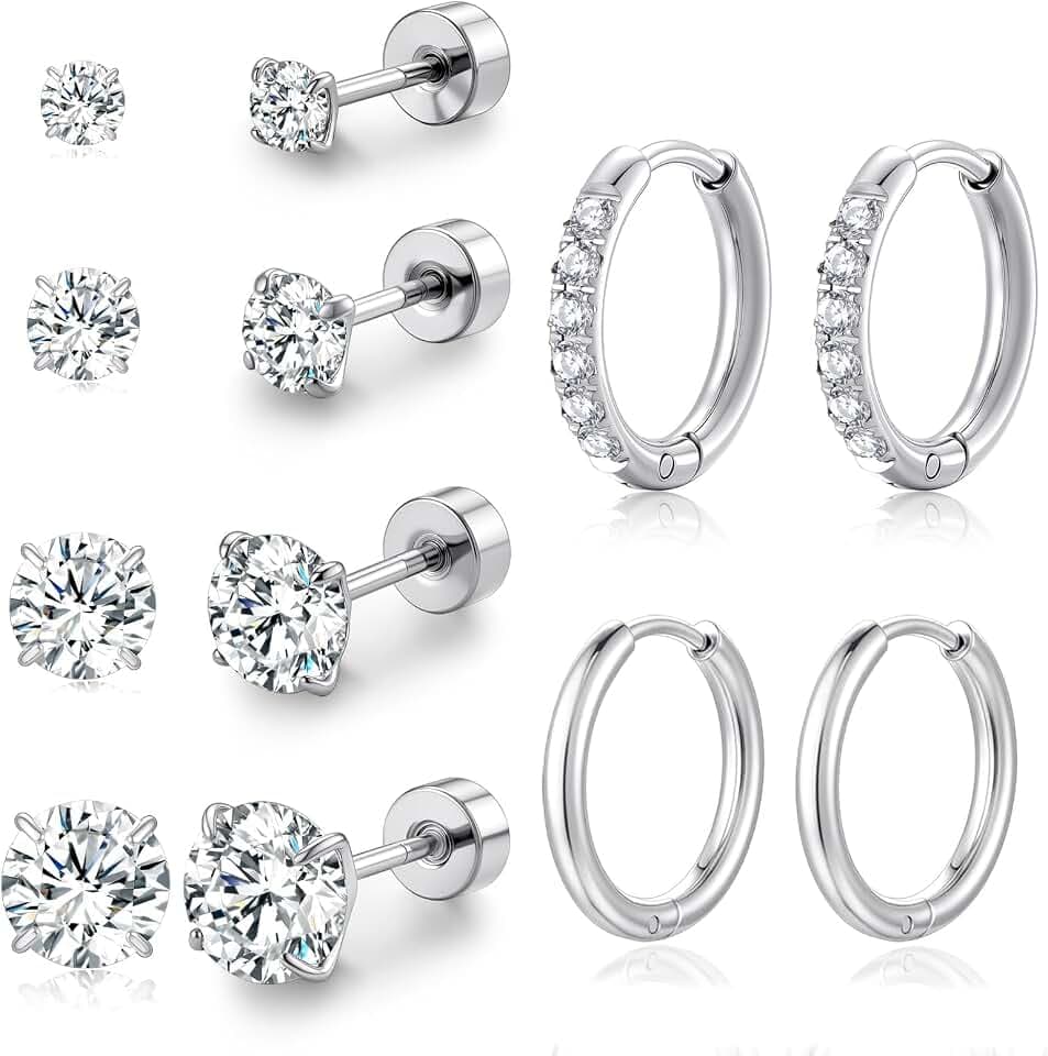 Flat Back Stud Earrings for Women Men, Surgical Steel Earrings for Sensitive Ears, Small CZ Stud Huggie Hoop Earring Set, Cartilage Earring Stacks for Multiple Piercing Dainty Trendy Jewelry
