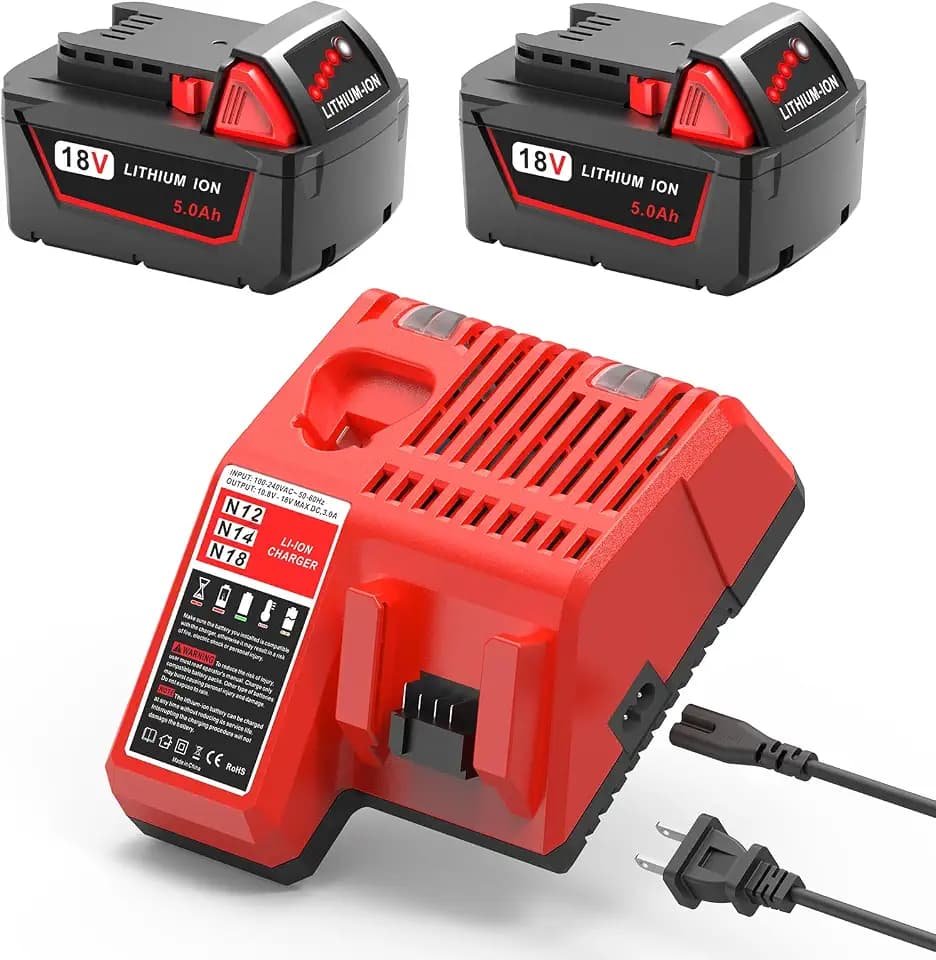 2 Pack 18 Volt 5.0Ah Lithium Battery Replacement for Milwaukee M18 Battery and Charger Combo, Compatible with Milwaukee M18 Cordless Power Tools 18V 48-11-1840 48-11-1850 48-11-1860