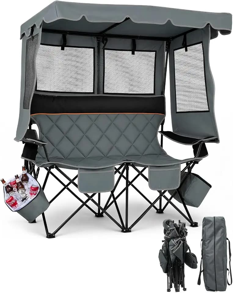 HOPERAN Double Camping Chair with Canopy, 660lbs Folding Beach Chair, Grey