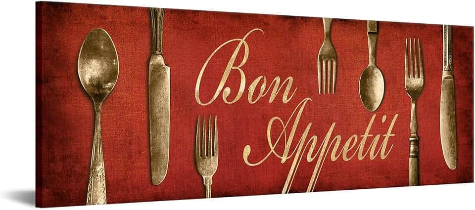 Bon Appetit Vintage Cutlery Canvas Wall Art Red Gold Kitchen Wall Decor