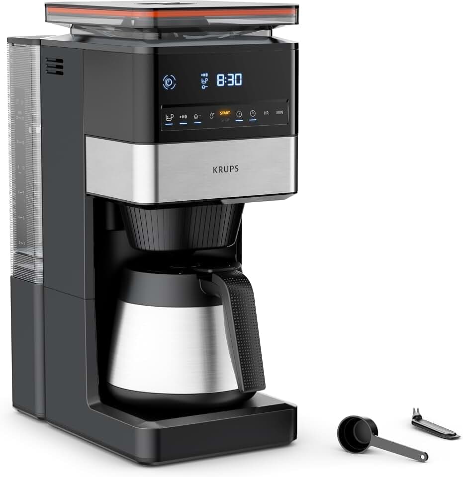 KRUPS Grind Aroma XL Filterkaffeemaschine, abnehmbares Kegelmahlwerk, digitales Bedienfeld, XL-Fassungsvermögen (1,25 L), Edelstahl-Thermoskanne, Schwarz/Edelstahl, KT842810
