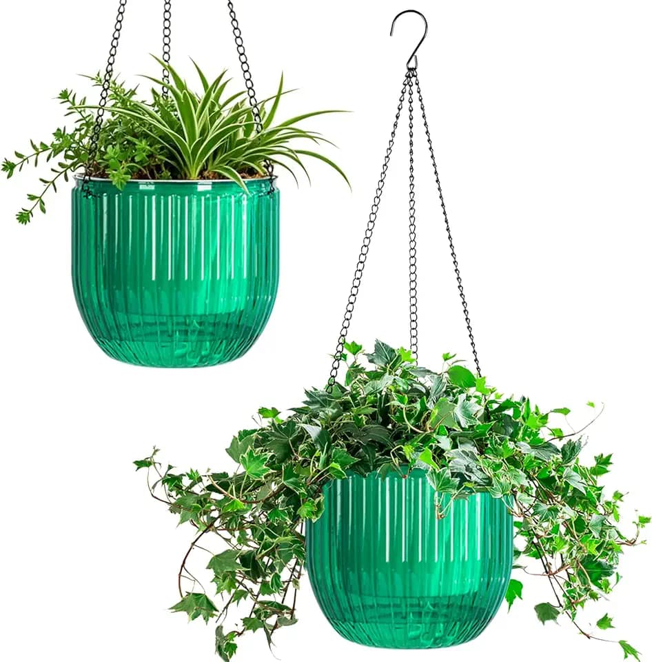 Melphoe 2 Pack Self Watering Hanging Planters Indoor Flower Pots, 8.3 Inch Outdoor Hanging Basket, Plant Hanger with 3Hooks Drainage Holes for Garden Home (Emerald)