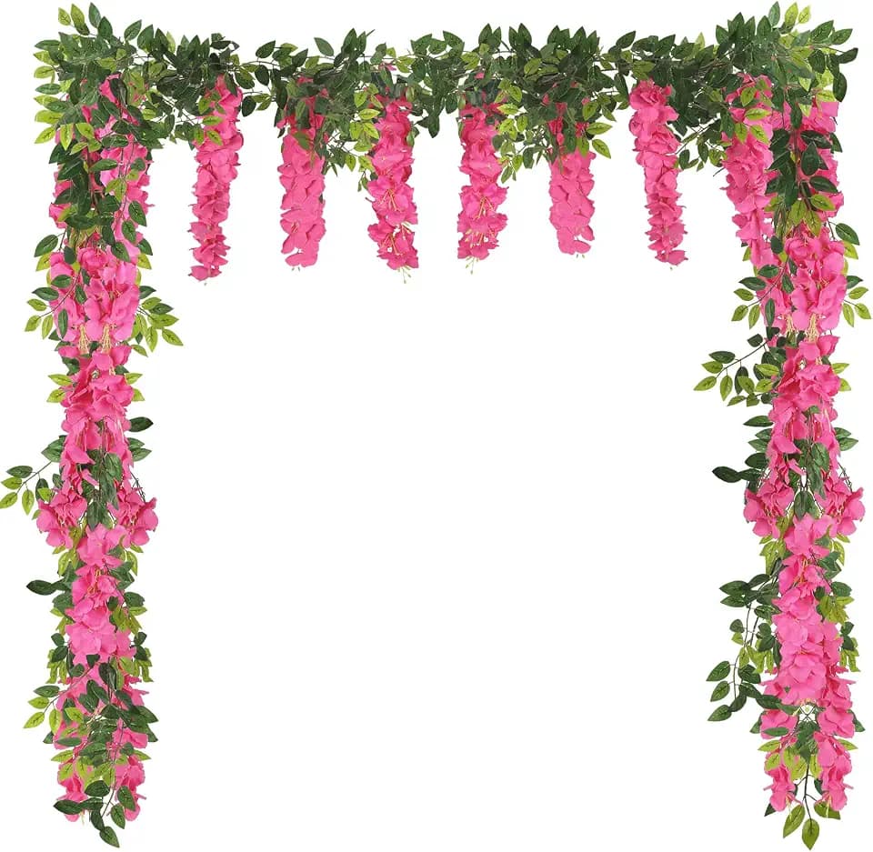 Artificial Flowers Wisteria Garland 2PCS 5.91FT/Peice Hot Pink Fake Wisteria Vine Faux Wisteria Rattan Silk Hanging Flowers for Wedding Arch Decorations Ceremony Garden Decor (Hot Pink)