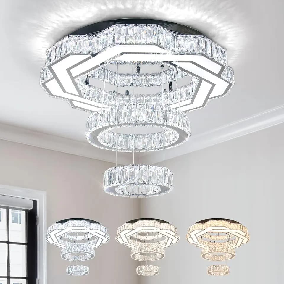 22.5" Modern 2-Ring Crystal Pendant Chandelier Ceiling Light Changeable