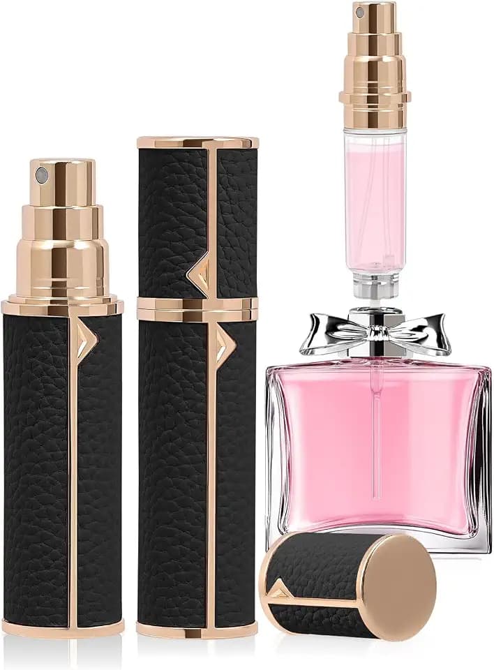Refillable Travel Perfume Bottle – Fine Mist Atomizer, Bottom Fill, Genuine Leather Shell, TSA Approved, For Daily Refresh & Travel (Black, 10ml)