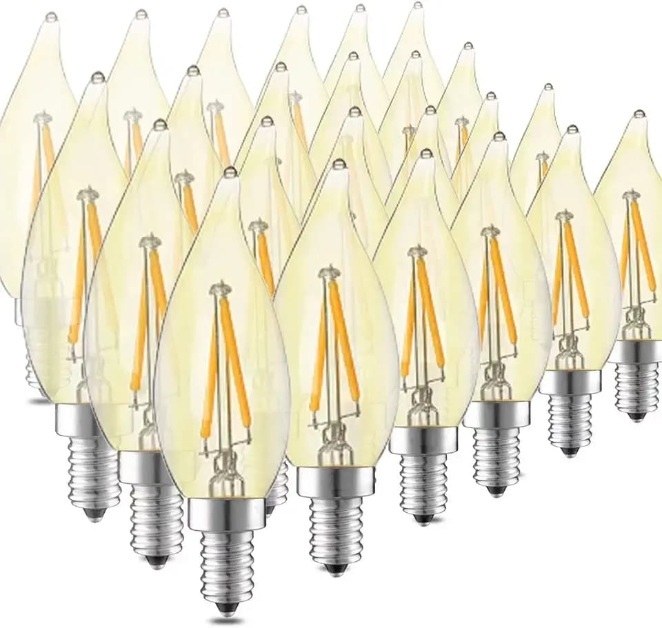 LED Candelabra Bulbs Candelabra Light Bulbs 25W Equivalent Dimmable E12 LED Bulb 2700K Soft Warm White, 2W 200LM Flame Tip Candle Bulb for Chandelier Wall Sconce 24-Pack.