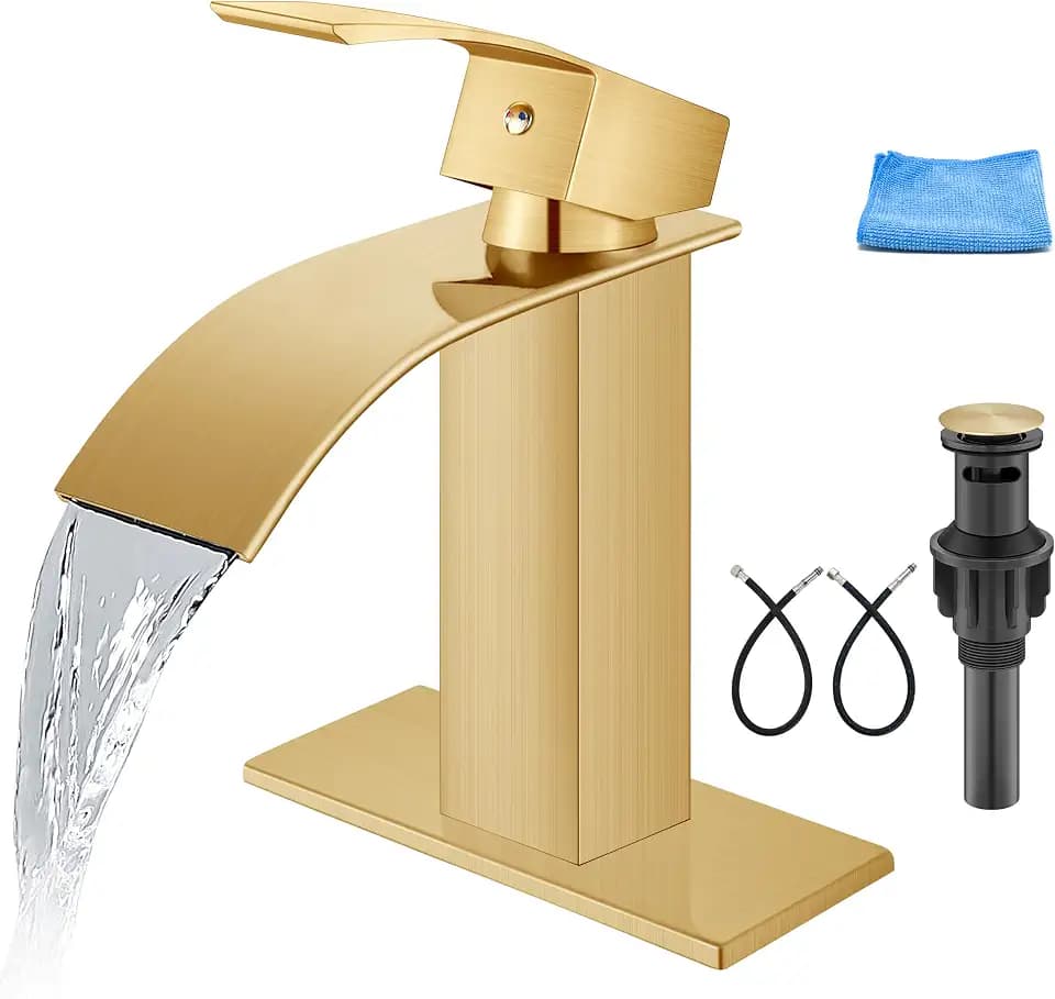 Aolemi Waterfall Bathroom Sink Faucet for 1 or 3 Hole Brushed Gold
