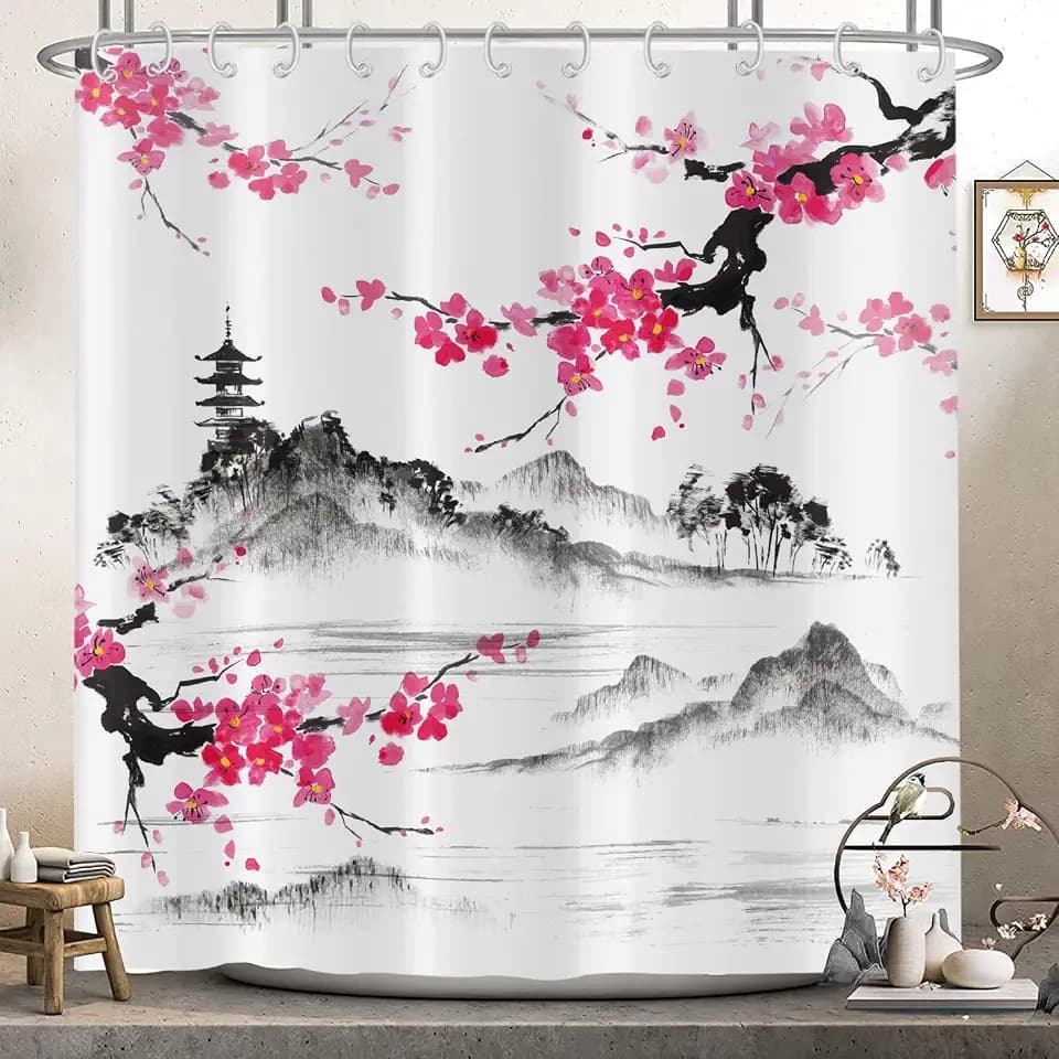 Duschvorhang Kirschblüten 180x200, Asiatisch Japanisch Stil Rosa Blumen Duschvorhänge Aquarell Berg Kunst Badewanne Vorhang Wasserdicht Polyester Stoff Waschbar Badevorhang mit Haken