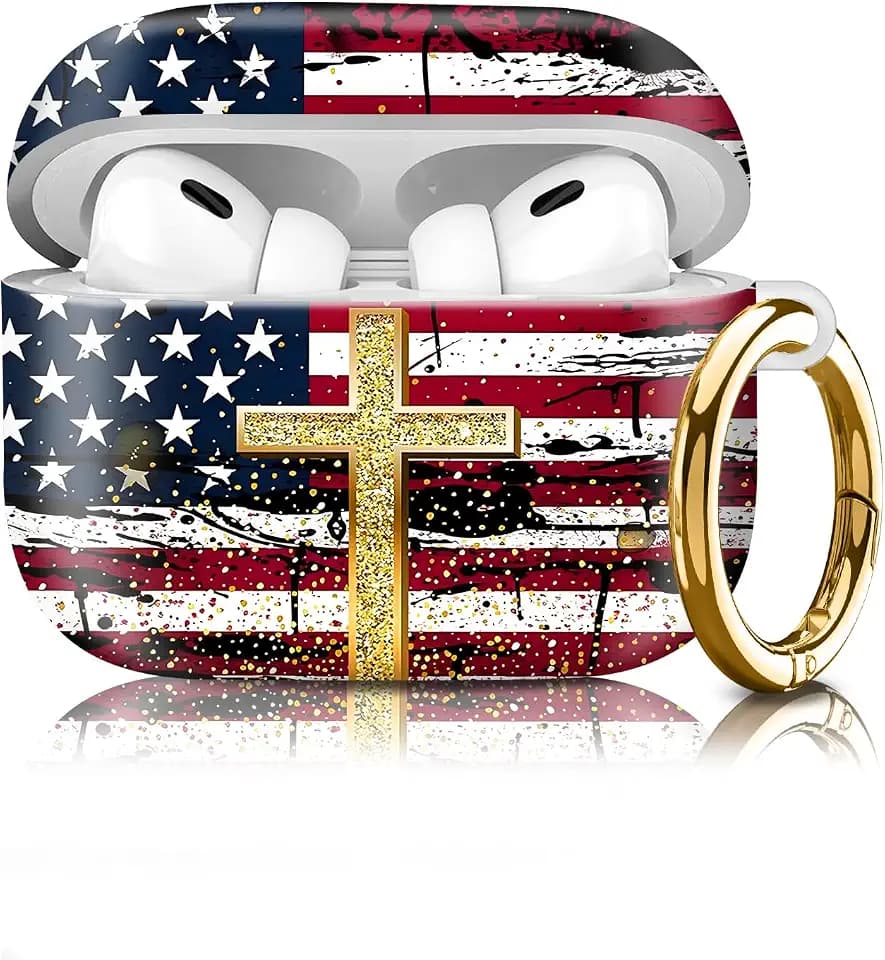 Compatiable with AirPod Pro 2nd/1st Generation Case,Lightweight & Durable Resistant Hard Case with Keychain,Stylish Design AirPod Case Cover for Women (American Flag Jesus Cross)