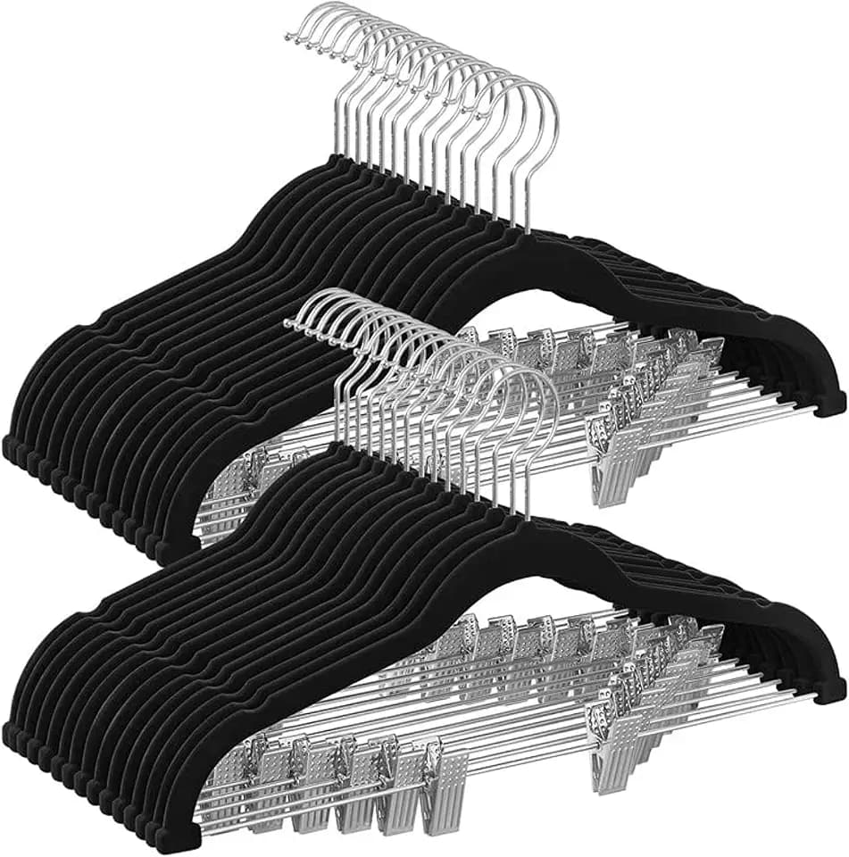 SONGMICS 30 Pack Pants Hangers, Velvet Hangers with Adjustable Clips