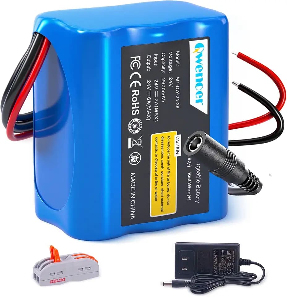 22.2V-24V 2.6Ah Lithium Battery, 22.2V-24V Rechargeable Li-ion Battery with Charger, Bare Leads Wire, Cable Connector for Kids Ride On Cars, DIY Project, Solar Panels, LED Light Strip, CCTV Camera
