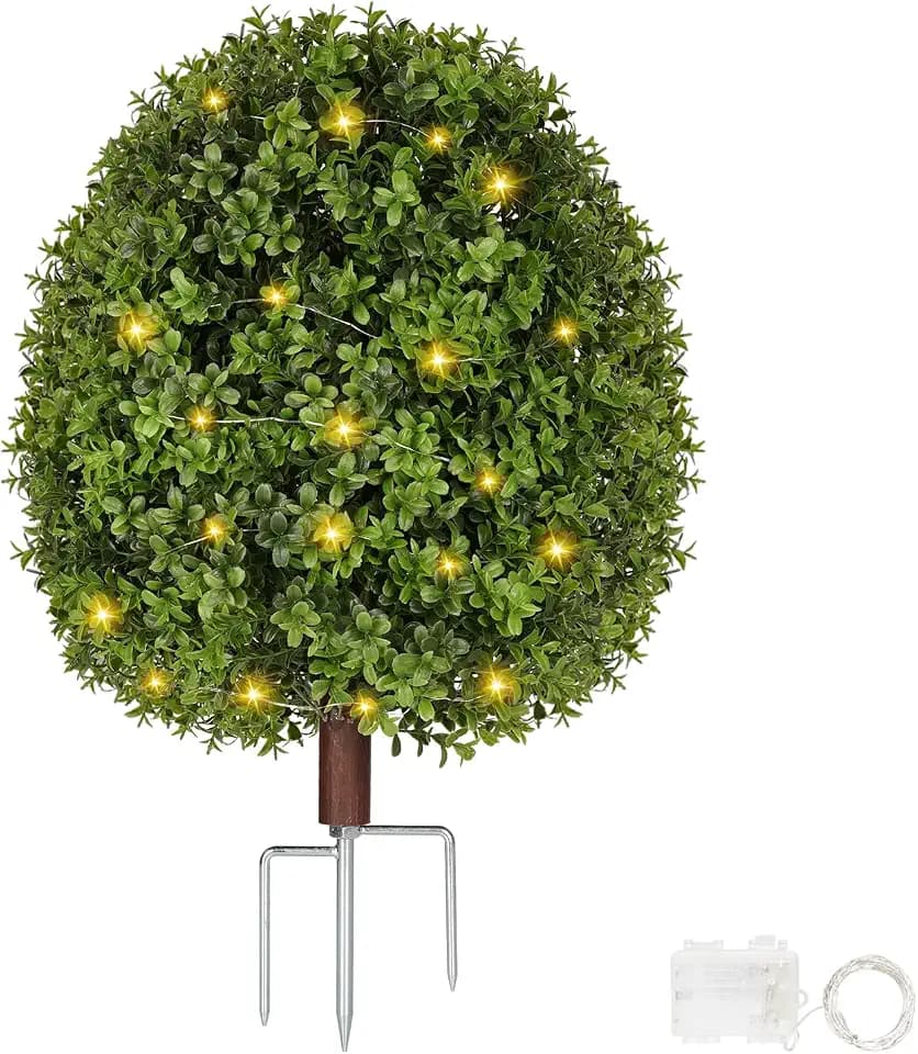 Artificial Boxwood Topiary Trees for Outdoor with LED String Lights, 1 Pack