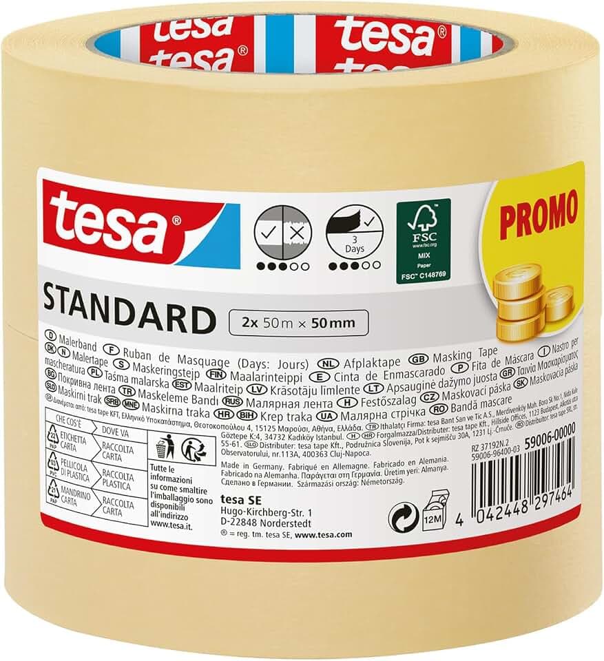tesa Malerband Standard - 2er Pack - Malerabdeckband mit starker Haftung zum Abkleben bei Malerarbeiten - lösungsmittelfrei - 2 x 50 m x 50 mm