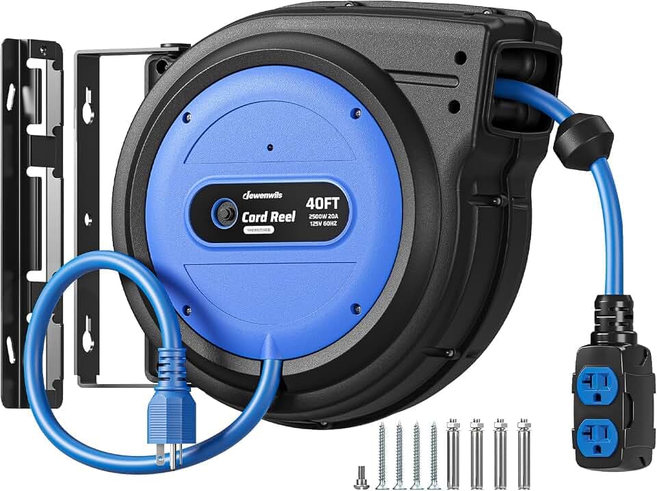 DEWENWILS 20 Amp Retractable Extension Cord Reel 40FT, ETL Listed, Blue
