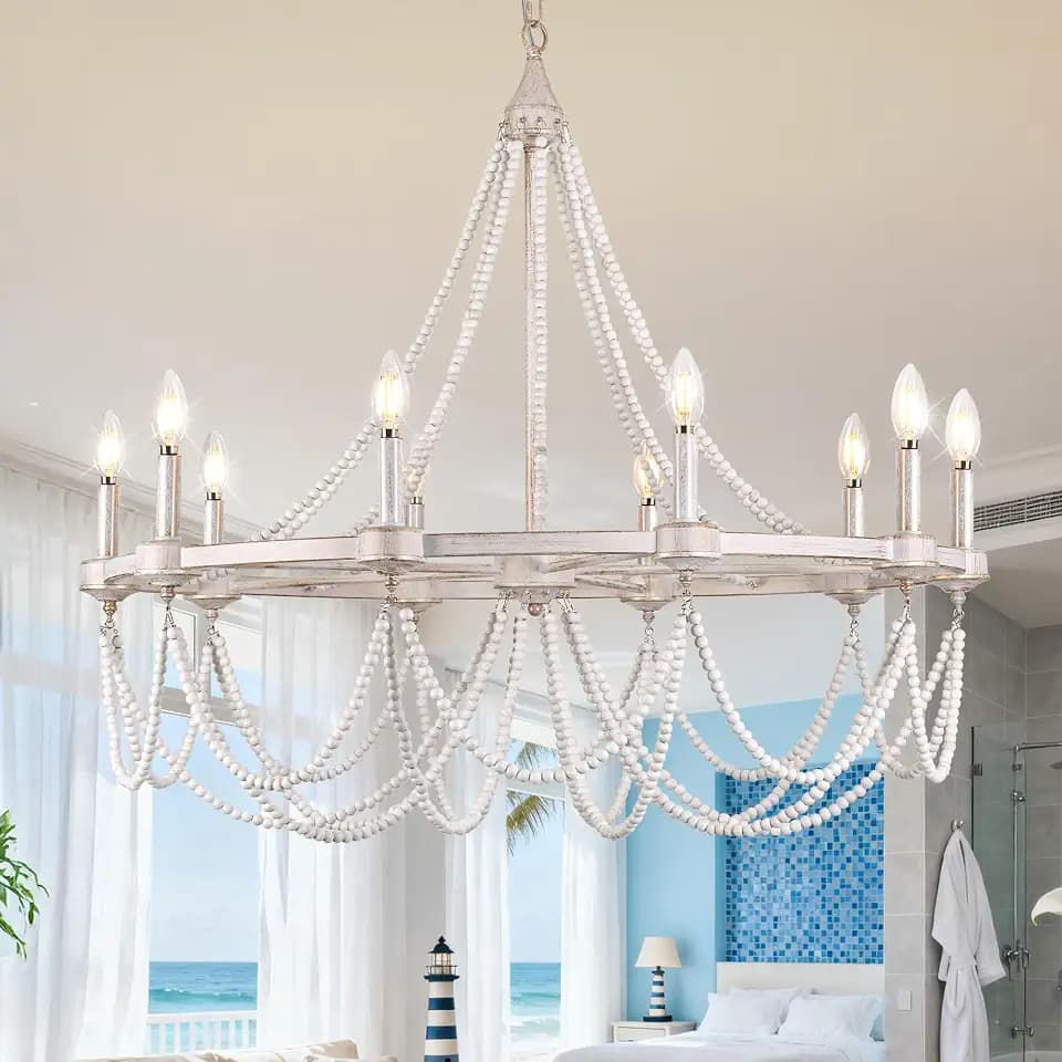 White Beaded Chandelier Dining Room Light Fixture Farmhouse Wheel Pendants