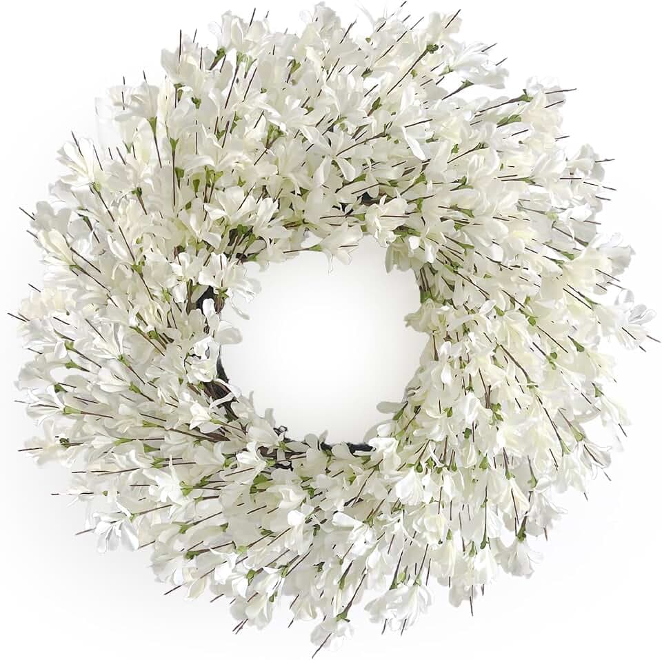 24 Inch Fall Wreath for Front Door Full White Forsythia Wreath