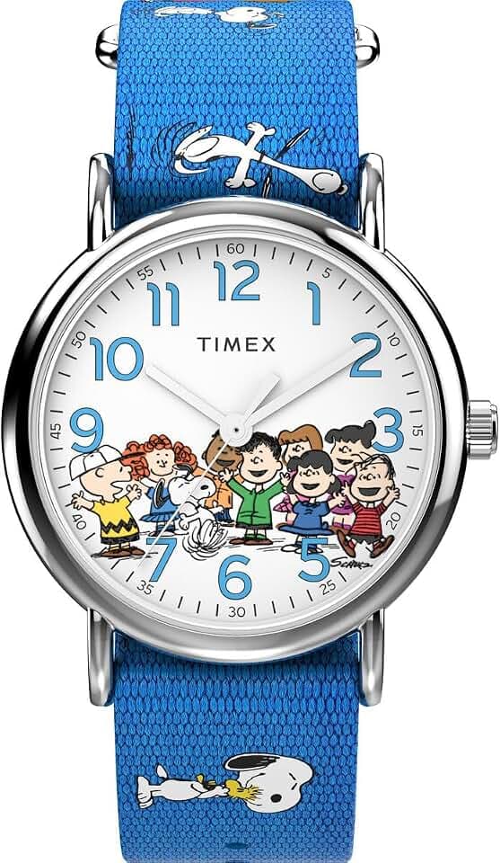 Timex TW2W19400 Peanuts Damen-Armbanduhr, 38 mm, blaues Stoffarmband, weißes Zifferblatt, silberfarbenes Gehäuse