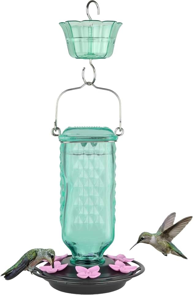 Nature’s Way Dewdrop Column Antique Teal Glass Gravity Hummingbird Feeder with Ant Moat, 23 Ounce Capacity, 6 Flexible Pink Lilac Flower Ports, Continuous Perch Ring, Easy-Clean Pewter Plastic Base