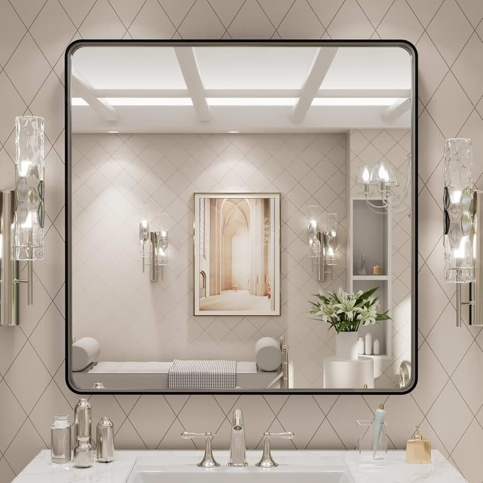 LOAAO 30x30 Inch Black Metal Framed Bathroom Mirror