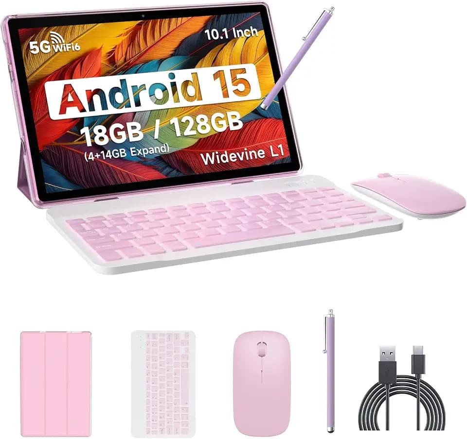IWEGGO Android 15 Tablet, 10 Inch 18GB RAM+128GB ROM/ 2TB Expandable Tablet, 2.0GHz Quad-core Processor, 1280*800 HD Touch Screen, 5G WiFi6 BT 5.0, 2 in 1 Tablets with Keyboard Case Mouse Stylus Pink