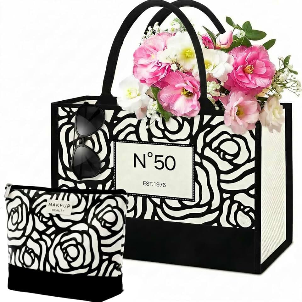 Birthday Gifts for Women Her - Elegant Floral Canvas Tote Bag with Makeup Bag for Mom/Sister/Aunt/Wife/Friend