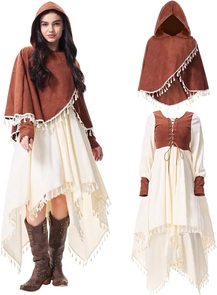Viktorianisches Kleid Mittelalterliches Kleid für Damen Vintage Beige und Braun Maxikleid Kommt mit einem abnehmbaren Umhang Kapuze Renaissance-Messen, Cosplay Themenhochzeiten Halloween-M