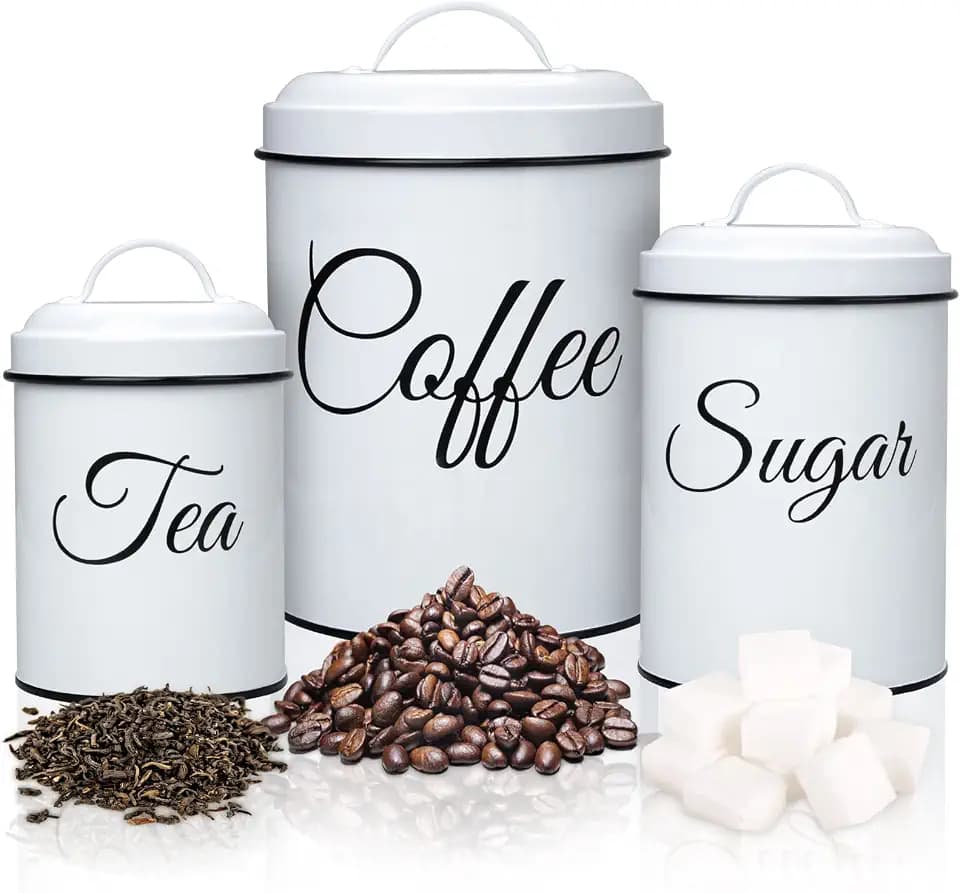 Fashionwu Coffee Tea Sugar Containers for Countertop, 3-Piece Stainless Steel Kitchen Canisters Set, Sugar Jar Coffee Jar with Lids for Fresher Goods, White Farmhouse Kitchen Decor