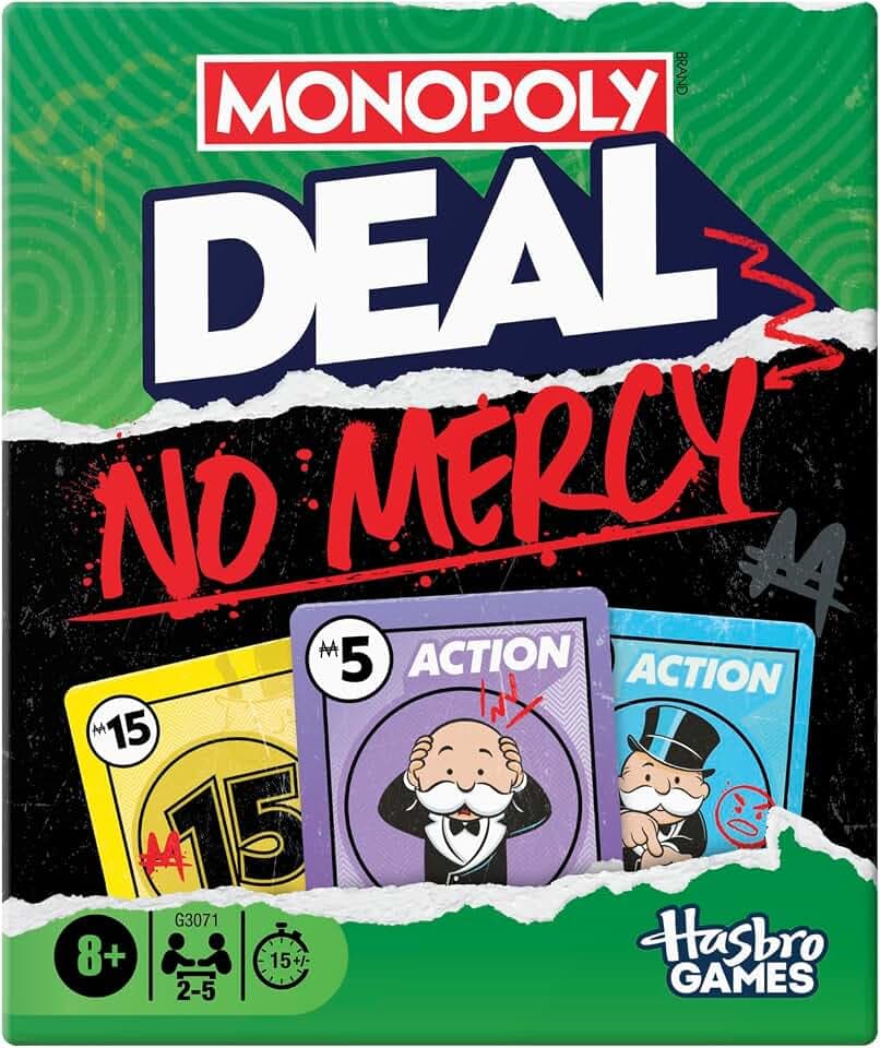 Monopoly Deal No Mercy, Kartenspiel – rücksichtslose Ausgabe des Monopoly Deal – für Kinder, Jugendliche und Erwachsene – 15 Minuten, für 2–5 Spieler – ab 8 Jahren