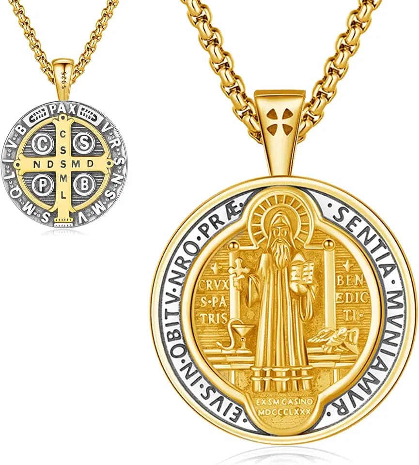 18K Gold Plated St Benedict Medals Necklace for Men Women, 925 Sterling Silver Patron Saint Medal Necklace Catholic Protection Pendant Amulet Religious Jewelry Gifts