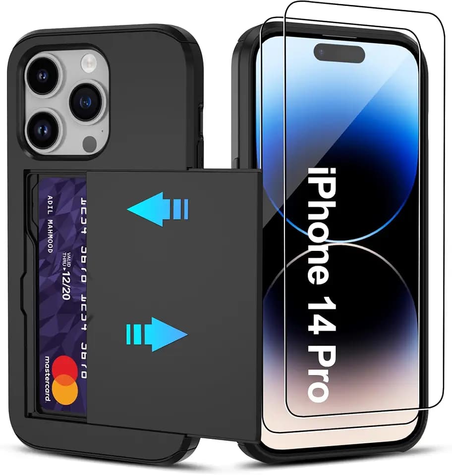 Pilaru for iPhone 14 Pro Case with Card Holder and (2 Pcs) HD Screen Pro tector, Slim Heavy Duty Dual Layer ShockPro of Design & Hidden Card Slot Wallet Case for iPhone 14 Pro Phone Case-Black