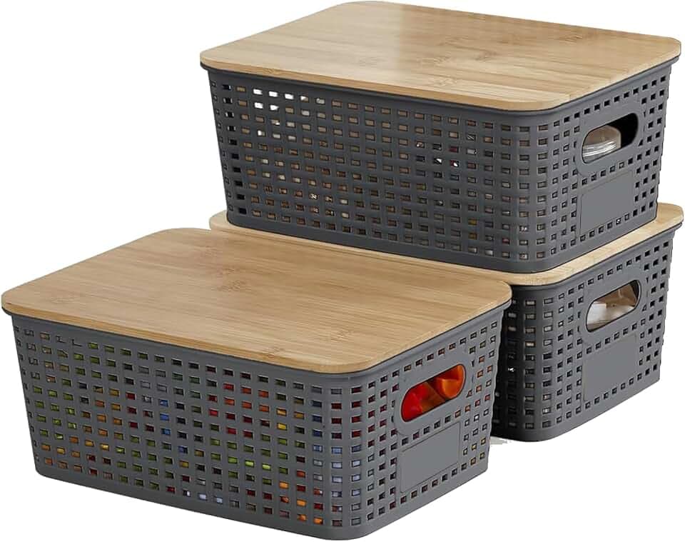 3er-Set Aufbewahrungsbox mit Bambus Deckel,Aufbewahrungsbehälter Kunststoffkörbe mit Griff,Stapelbare Aufbewahrungsboxen für Badezimmer Küche Schlafzimmer Schreibtisch, 25x18x10cm (Grau)