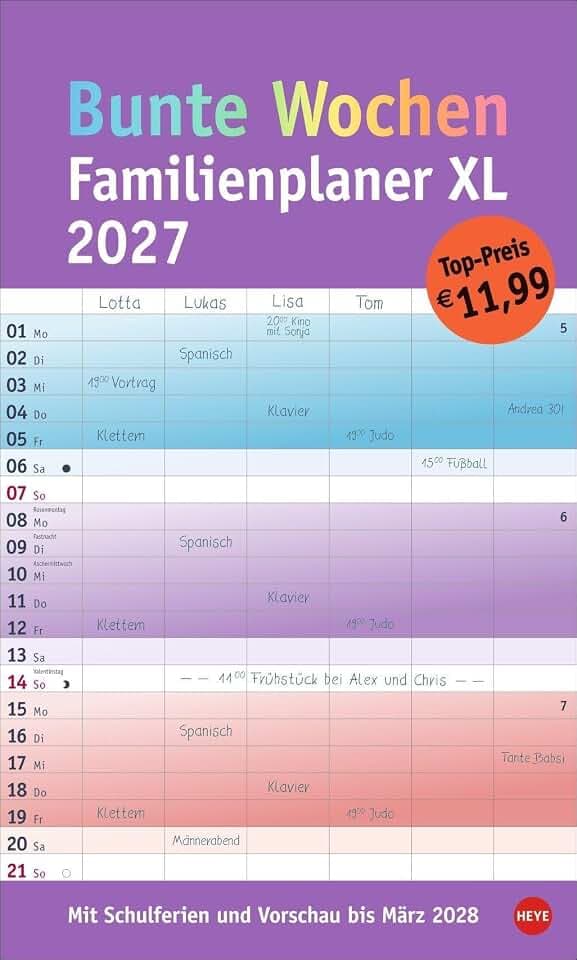 Bunte Wochen Familienplaner XL 2027: Familienkalender mit 6 Spalten. Praktischer Familien-Wandkalender mit Schulferien. Extra breiter Terminkalender.