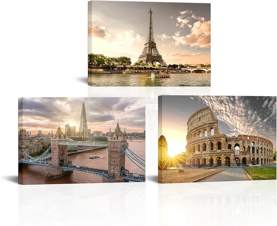 NutArtPic European Cityscape Wall Art - Paris Eiffel Tower, London, Rome Canvas Prints - Framed Landscape Paintings for Living Room, Office & Bedroom Decor - Ready to Hang Framed 24''x16''x3panels