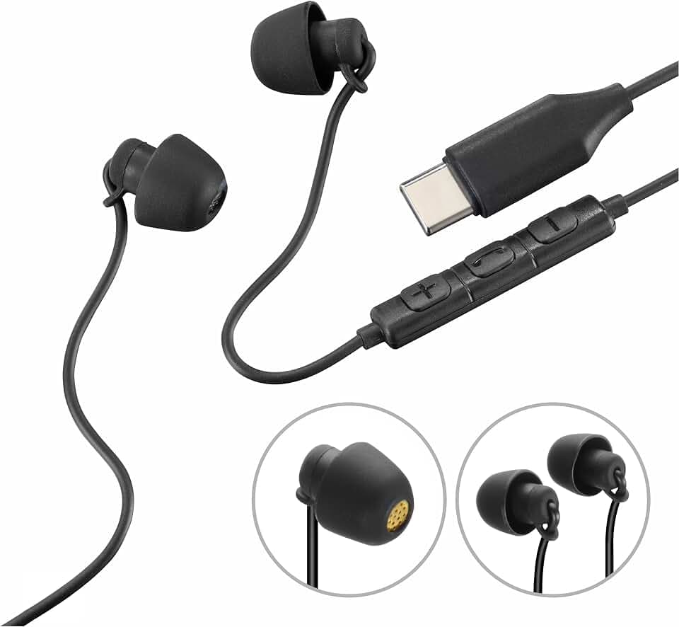 Hama In-Ear Kopfhörer „Calm“, Stereo Headset mit Mikrofon, Rufannahmetaste, USB-C-Anschluss und Knickschutz, 1,2 m Kabel, Schwarz