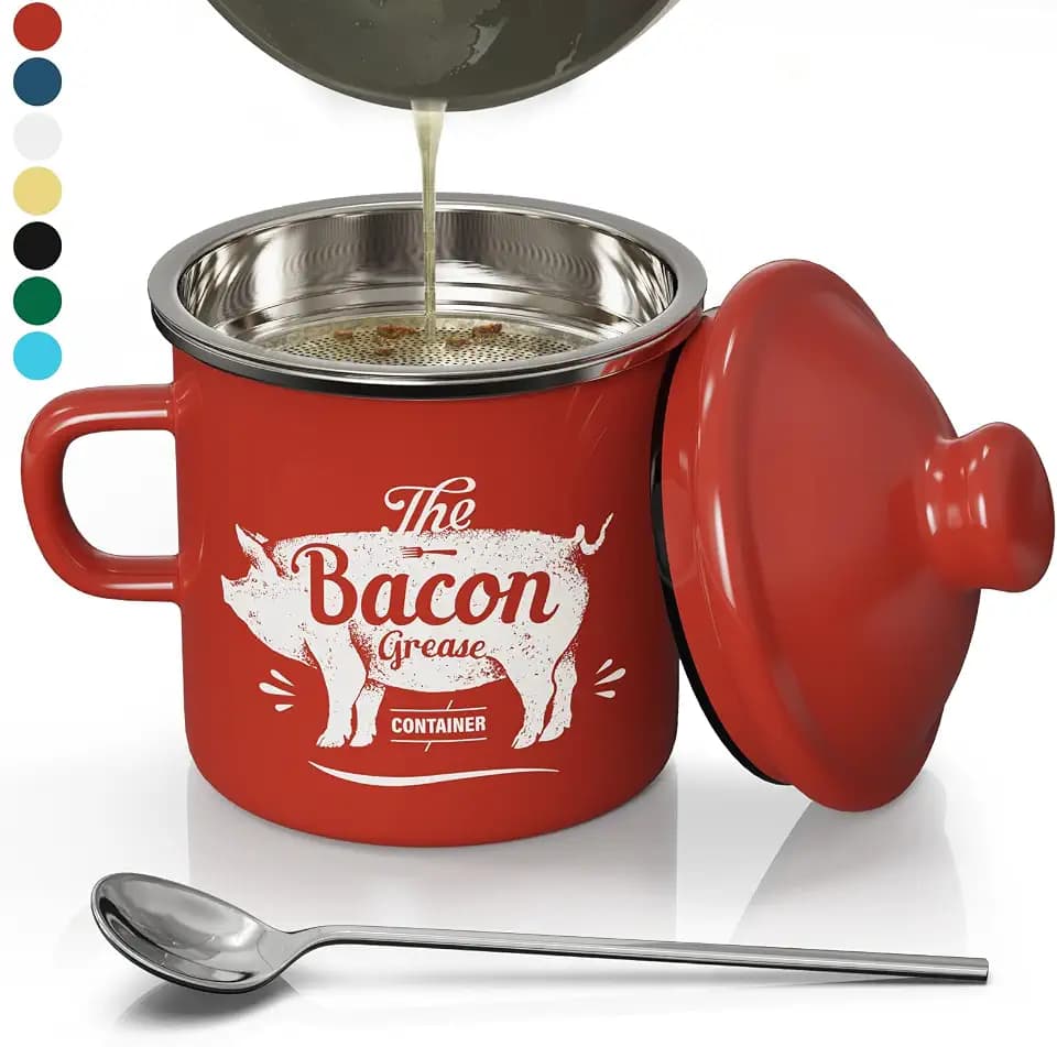 Bacon Grease Container with Strainer-15OZ Enamel Saver, Dishwasher Safe