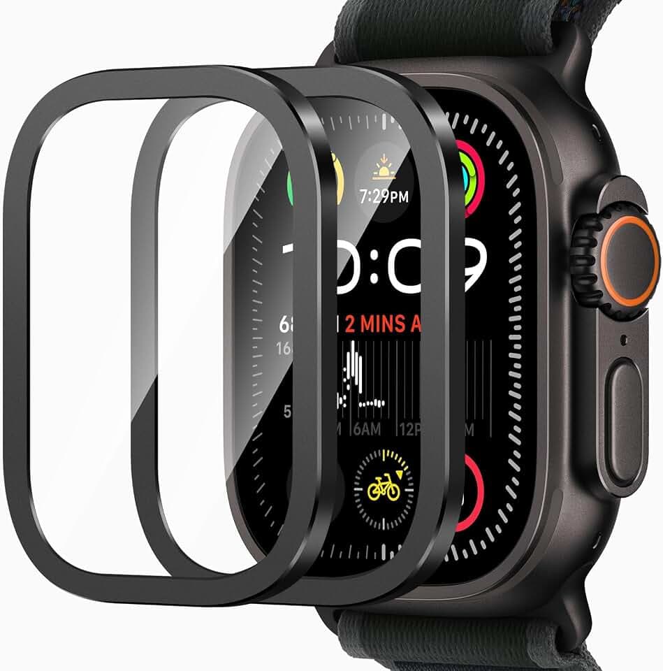 Amizee 2 Stück Schutzfolie kompatibel mit Apple Watch Ultra 3/2/1 49mm, HD Gehärtet Glas Aluminiumlegierung Rahmen Schutzfolie für iWatch Ultra 49mm, A-Schwarz