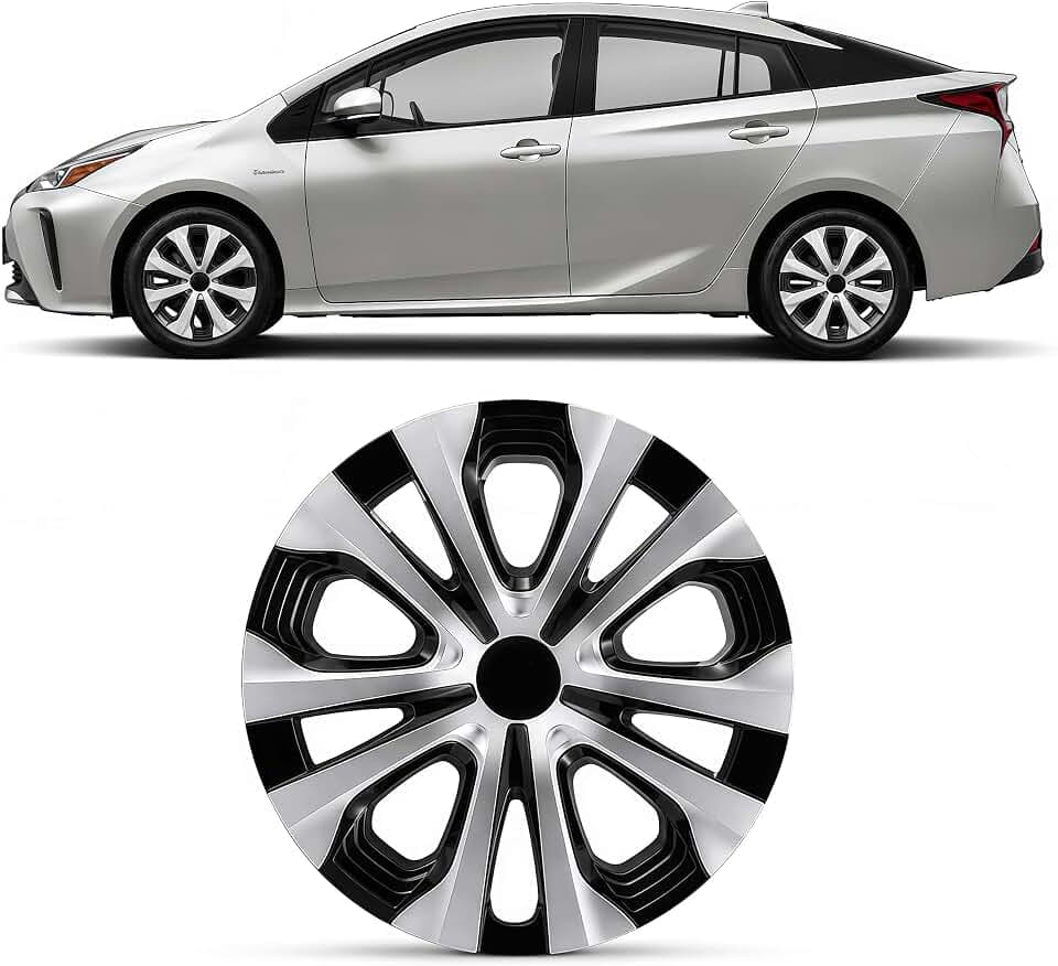 15 Inch Silver and Black Hubcaps Compatible with 2016-2022 Toyota Prius, 2017-2022 Prius Prime and 2020-2024 Corolla Hybrid, Snap-On Wheel Covers, Set of 4