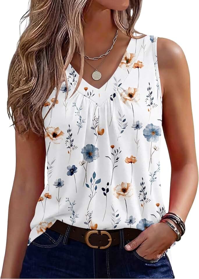 Zeagoo Womens Tank Tops Summer Sleeveless Tops V Neck Pleated Shirts