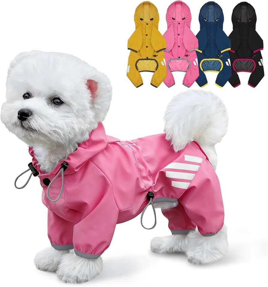Dog Raincoat, Waterproof Dog Rain Jacket with Hood, Rain Coat with Leash Hole, Reflective Strap for Small Medium Dogs, Lightweight Puppy Clothes(Pink,L)