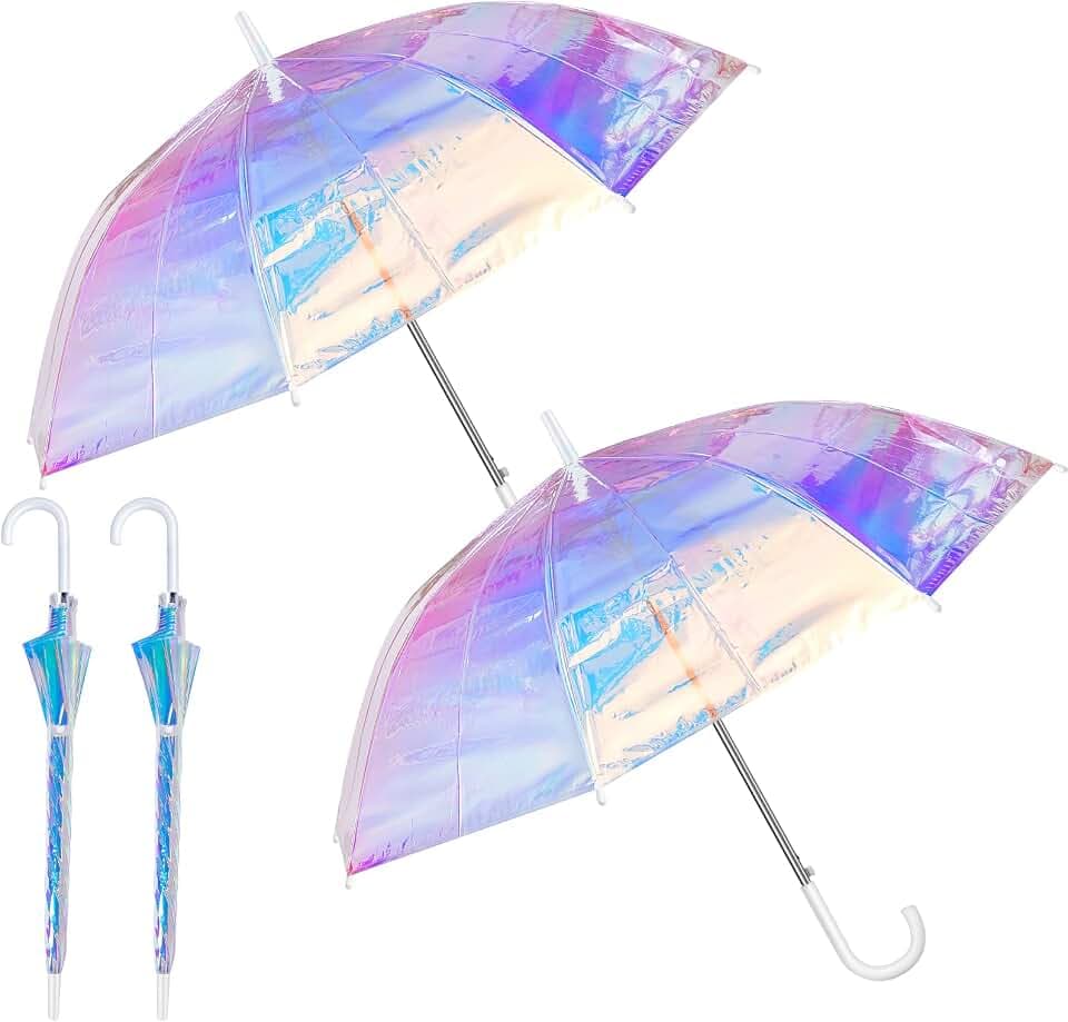 Dunzy Holografischer breiter Regenschirm, schillernd, klarer Regenschirm für Hochzeit, automatisches Öffnen, Winddicht, Sonnenschirm, J-Haken-Stick, Regenschirm, 99 cm (2 Stück)