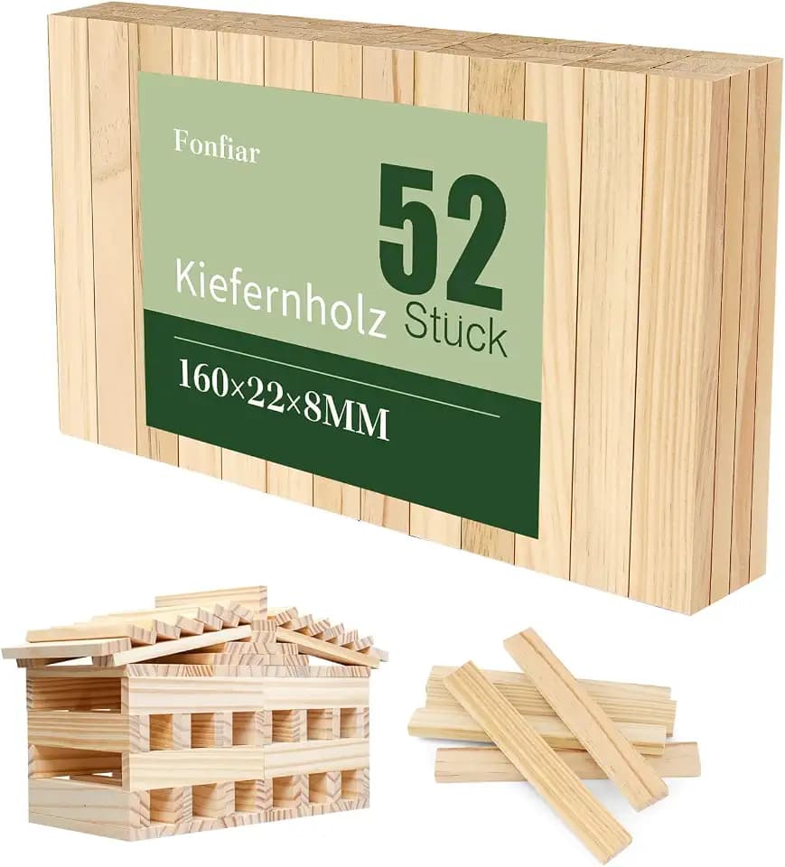 52 Stück Holzklötzchen zum Basteln Holzleisten aus Kiefernholz Holzklötze und Klötzchen zum Basteln 160×22×8 mm Bauklötze Holz Bastelholz Holzklötzchen Holzleiste für Holzleisten DIY und Deko