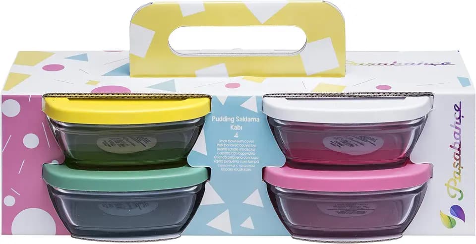 Pasabahce Glas Vorratsdosen Set 4-teilig mit Asortili Multi Color Kunststoff Deckel 310cc