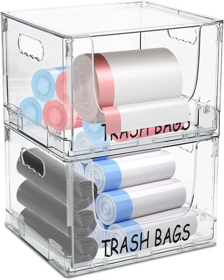 Trash Bag Holder Stand,Stackable Trash Bag Dispenser with Lids, Plastic Under Sink Organizers and Stackable Storage Box, Large Garbage Bags Dispenser for Kitchen, Pantry, Laundry Room