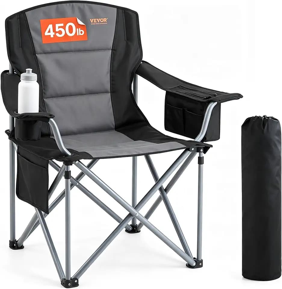 VEVOR Oversized Camping Folding Chair, Portable Heavy Duty Outdoor Quad Lumbar Back Padded with Side Pockets, Cup Holder and Cooler Bag for Beach, Lawn, Picnic, Fishing, Backpacking, Black