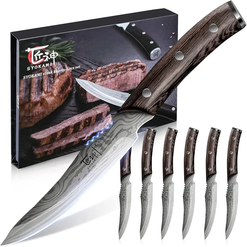 SYOKAMI Steak Knives Set of 6, 4.8 Inch Meat Knife with Damascus Pattern