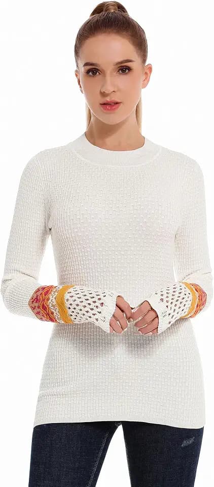 AmélieBoutik Women Crew Neck Long Sleeve Fair Isle Eyelet Cuff Pullover Sweater